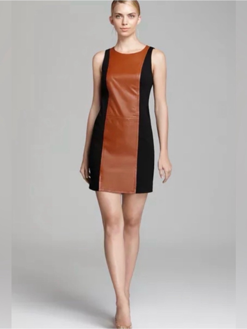 Trina Turk Black and Brown Leather-Panel Midi Sheath Dress